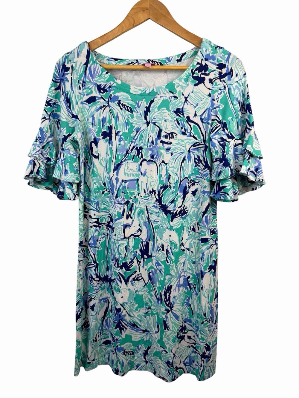 Lilly Pulitzer Lula Elephant Appeal Dress Size S Turquoise Blue Flutter Sleeves